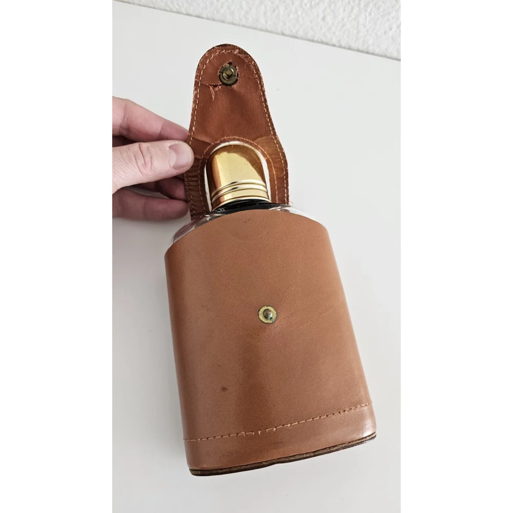 Vintage Flask With Leather Case Retro Classy Whiskey Brandy Topgrain Cowhide